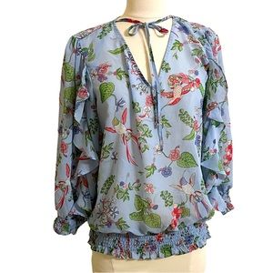 NANETTE LEPORE Womens Light Blue Floral and Hummingbird Ruffle Sleeve Blouse